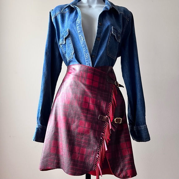 Cynthia Rowley Dresses & Skirts - Vintage Cynthia Rowley Red Plaid Leather Fringe Wrap Pencil Skirt Size 6
